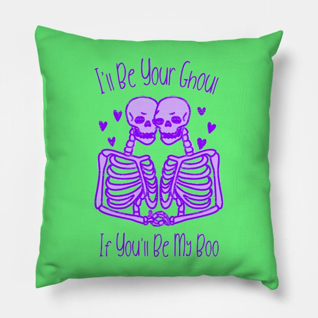 “I’ll Be Your Ghoul If You’ll Be My Boo” Skeletons in Love Pillow by Tickle Shark Designs