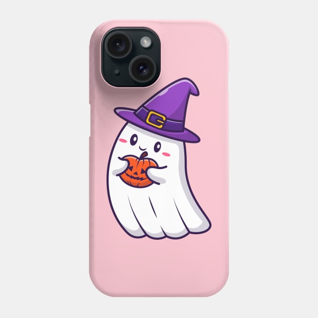 Cute Witch Ghost Holding Pumpkin Halloween Cartoon Phone Case by Catalyst Labs