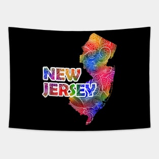 Colorful mandala art map of New Jersey with text in multicolor pattern Tapestry