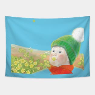 Little boy with primrose flower in mouth Tapestry