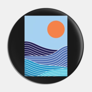 Minimalist Navy Blue Ocean Waves And Sunset Graphic Art Pin