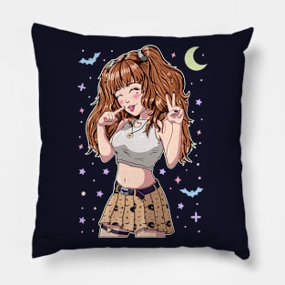 Cute Anime Girl Brown Hair Pillow