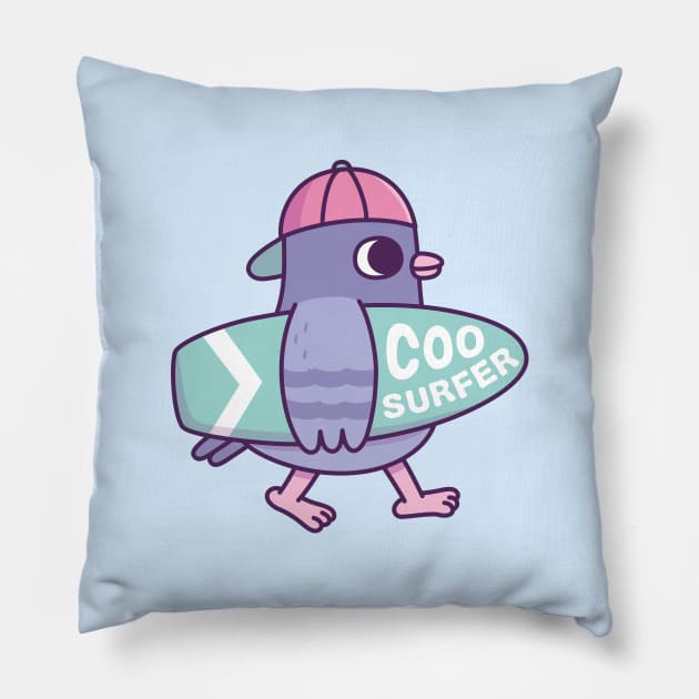 Cute Pigeon With Surfboard Coo Surfer Funny Pillow by rustydoodle