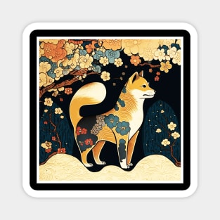 Shiba Inu Dog, Japanese Art, Floral Design Magnet