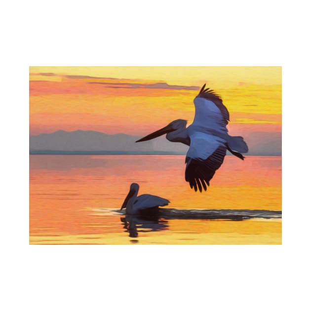 Pelican At In Flight At Sunset by NikkiBear67