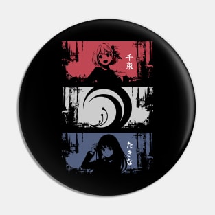 Lycoris recoil anime characters Chisato nishikigi and Takina inoue with lycoris recoil logo and their names in japan text Grunge distressed Pin