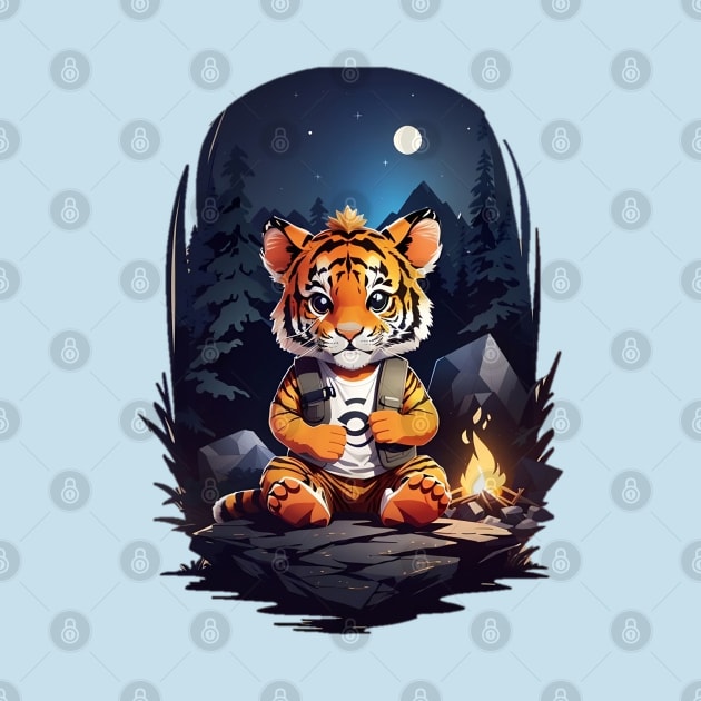 Tiger cub at campfire forrest starry night cartoon graphic art for kids by Norbinho