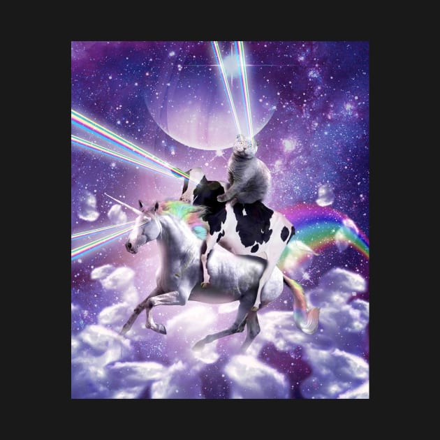 Laser Eyes Space Cat On Cow Unicorn - Rainbow by Random Galaxy