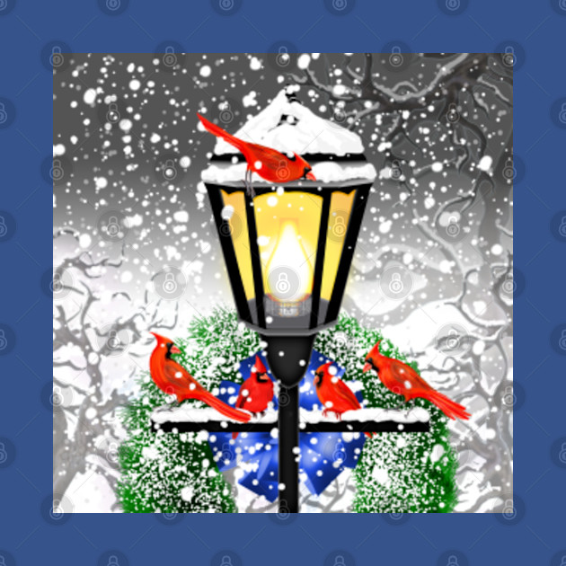 Disover Christmas Street Lamp with Cardinals and Wreath - Christmas Art - T-Shirt