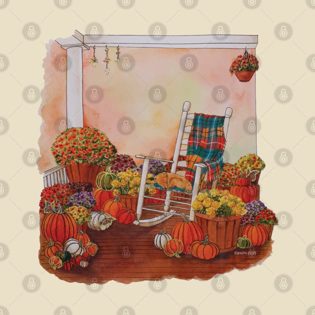 Watercolor Autumn Porch with Flowers, Pumpkins and Butterflies by Jessfm