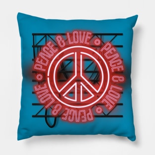 Peace and Love - Red Neon Sign with Symbol Pillow