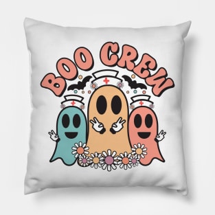 Boo Crew, Cute Nurse Ghosts With Flowers And Bats, Funny Halloween Pillow