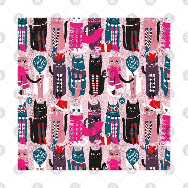 Feline Christmas vibes // pattern // pink background green fuchsia pink white and black kittens by SelmaCardoso