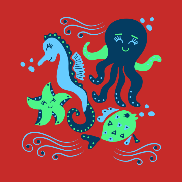 Aqua ocean animals - sea horse, star fish, octopus, fish by sarakaquabubble