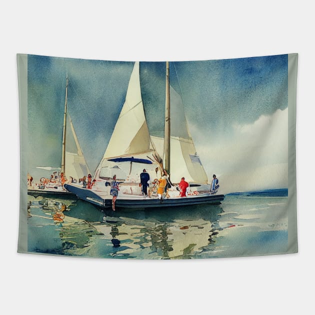 Family on Catamaran, Sailing Tapestry by fistikci