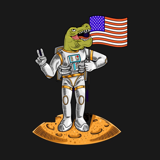 Engraving cool dude in space suit dino t-rex hold american usa flag on moon the first flight on moon space by drydenshops