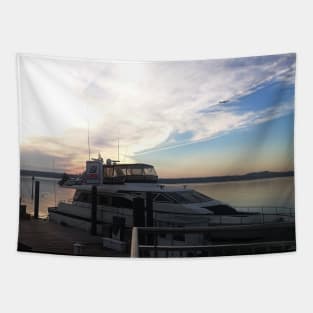 Sunset by the ocean city in USA photography design boat Tapestry