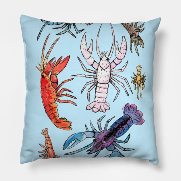 Colorful Aquatic Crayfish Species in Watercolor painting Pillow by narwhalwall