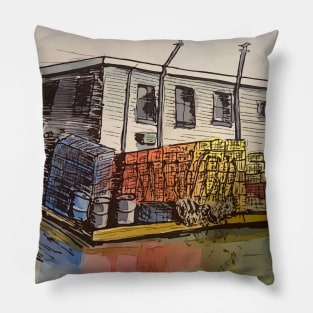 Lobster traps sitting on the dock in Belfast Maine Pillow