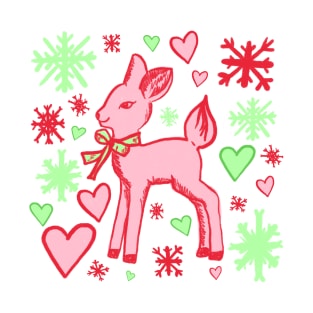 Retro Baby Deer in Red and Green with Hearts and Snowflakes T-Shirt