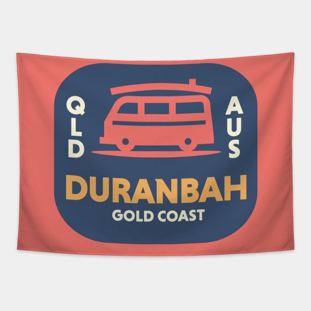 Retro Surfing Emblem Duranbah Gold Coast, Australia // Vintage Surfing Badge Tapestry by Now Boarding