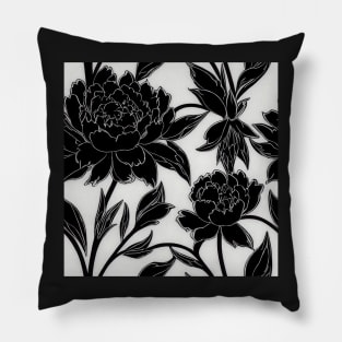 Vintage Floral Cottagecore  Romantic Flower Peony Design Black and White Pillow