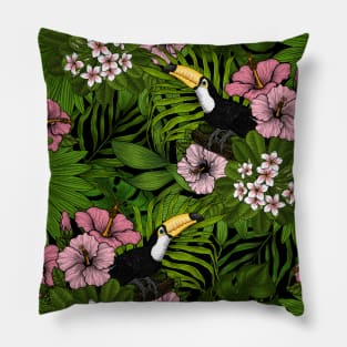 Toucans amd tropical flora, green and pink Pillow