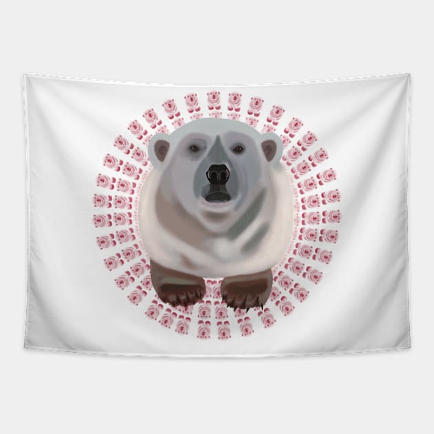 Polar Bear on circular pinky red bear pattern Tapestry by KateVanFloof