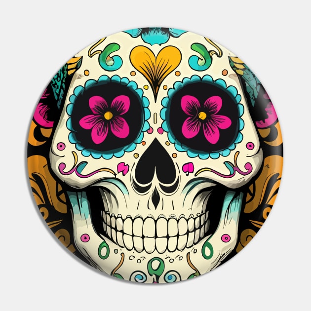 Dia De Los Muertos, Retro Sugar Skull Design Pin by PugSwagClothing