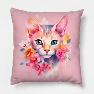 Watercolor romantic cat in flowers Pillow