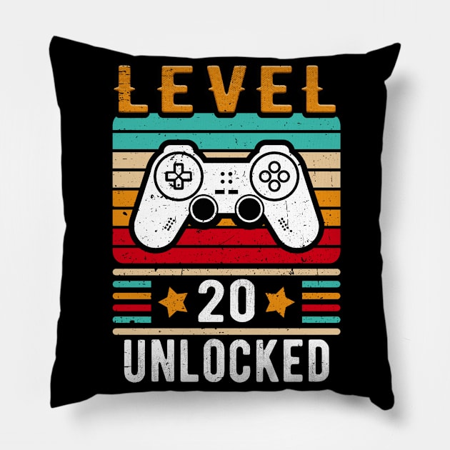 Level 20 Unlocked Birthday Retro Vintage Gamer Fun Pillow by Foxxy Merch