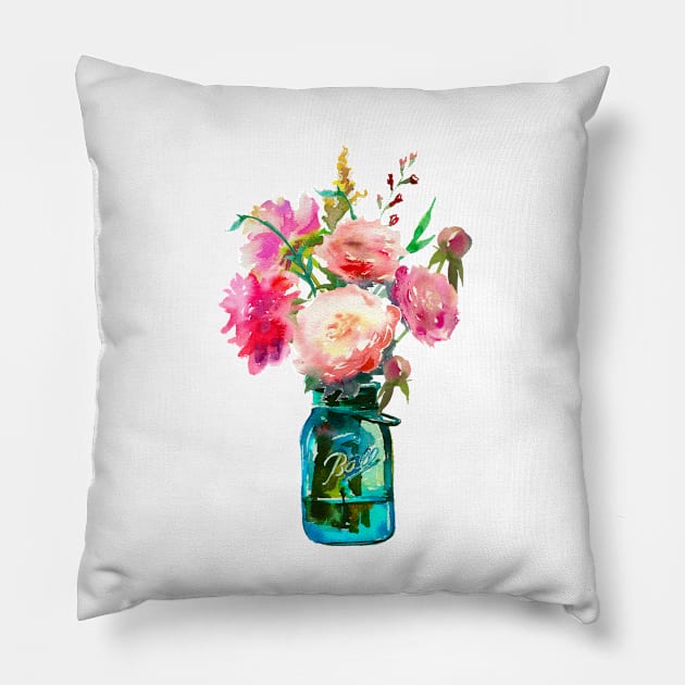 Watercolor mason jar flowers Pillow by SouthPrints