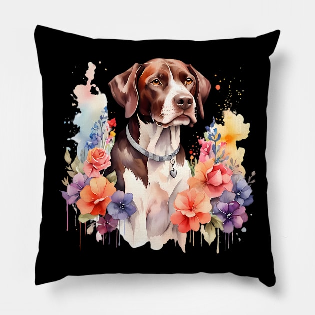 A pointer dog decorated with beautiful watercolor flowers Pillow by CreativeSparkzz