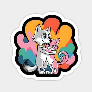 Grey Wolf hugging a Pink Cat, Both with Happy Expressions Magnet