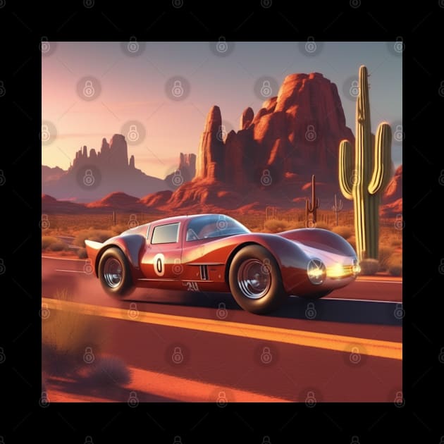 A Retro-Futuristic Racing Car Travelling Through The Arizona Desert At Dusk. by Musical Art By Andrew