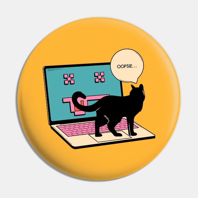 404 Error Laptop Black Cat in yellow Pin by The Charcoal Cat Co.