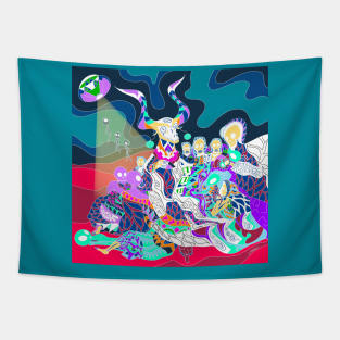 the goat and the evil witches business art Tapestry