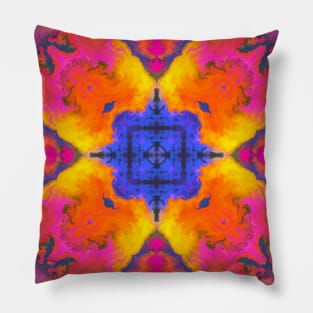 Psychedelic Kaleidoscope Square Blue Yellow and Pink Pillow