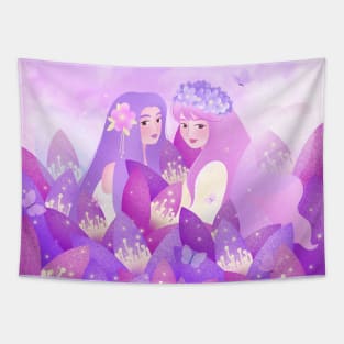 Beautiful fairies with pink flowers and butterflies Tapestry