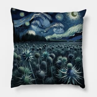 Enchanted Flower Garden Night: Sea Holly Starry Floral Pillow