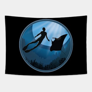 Diver with Manta Ray Underwater Tapestry