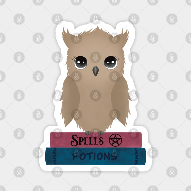 Cute Owl Sitting on Spells and Potions Magic Books Magnet by MadelaneWolf 