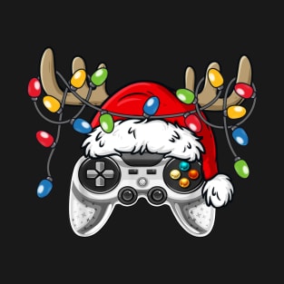 Games Controller With Santa Hat Reindeer Antlers Christmas Lights T-Shirt