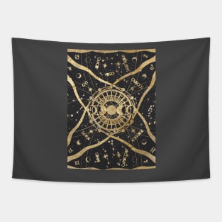 Gold and Black Zodiac Universe Graphic Tapestry