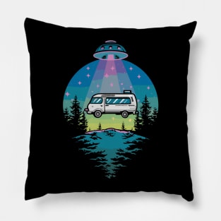 Funny UFO Abduction Camper And Flying Saucer Retro Design Pillow