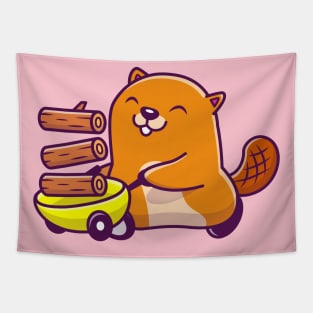 Cute Beaver With Cart And Wood Cartoon Tapestry