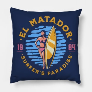 Vintage El Matador, California Surfer's Paradise // Retro Surfing 1980s Badge Pillow