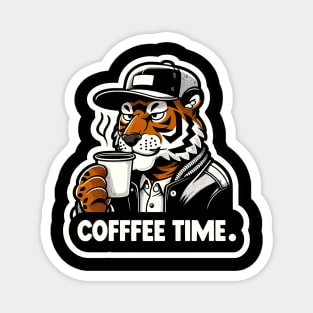 tiger drink cup of coffee with text coffee time Magnet