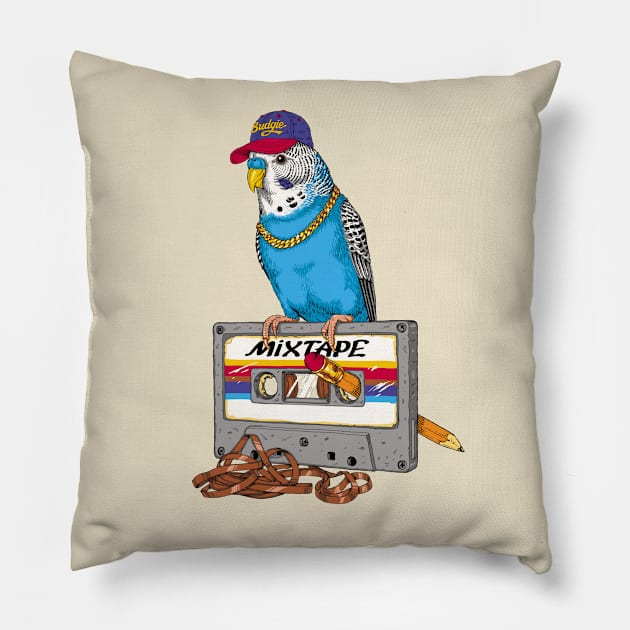 Cool Budgie with a Cassette Pillow by Dima Kruk