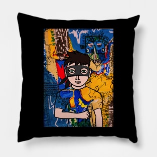 Urban Male Character with Basic Mask and Green Eyes in Planetary Street Art Pillow